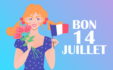 A cute blonde girl smiles, holds the flag of France and a glass of wine. Text 