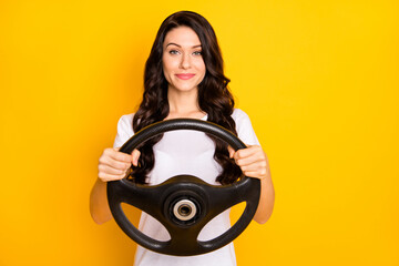 Portrait of attractive cheery content wavy-haired girl holding steering wheel control isolated over...