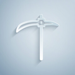 Paper cut Pickaxe icon isolated on grey background. Paper art style. Vector