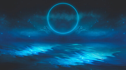 Fototapeta na wymiar Futuristic fantasy night landscape with abstract landscape and island, moonlight, radiance, moon, neon. Dark natural scene with light reflection in water. Neon space galaxy portal. 3D illustration. 