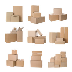 Set with different cardboard boxes on white background