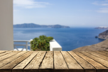 Desk of free space and summer landscape of sea 