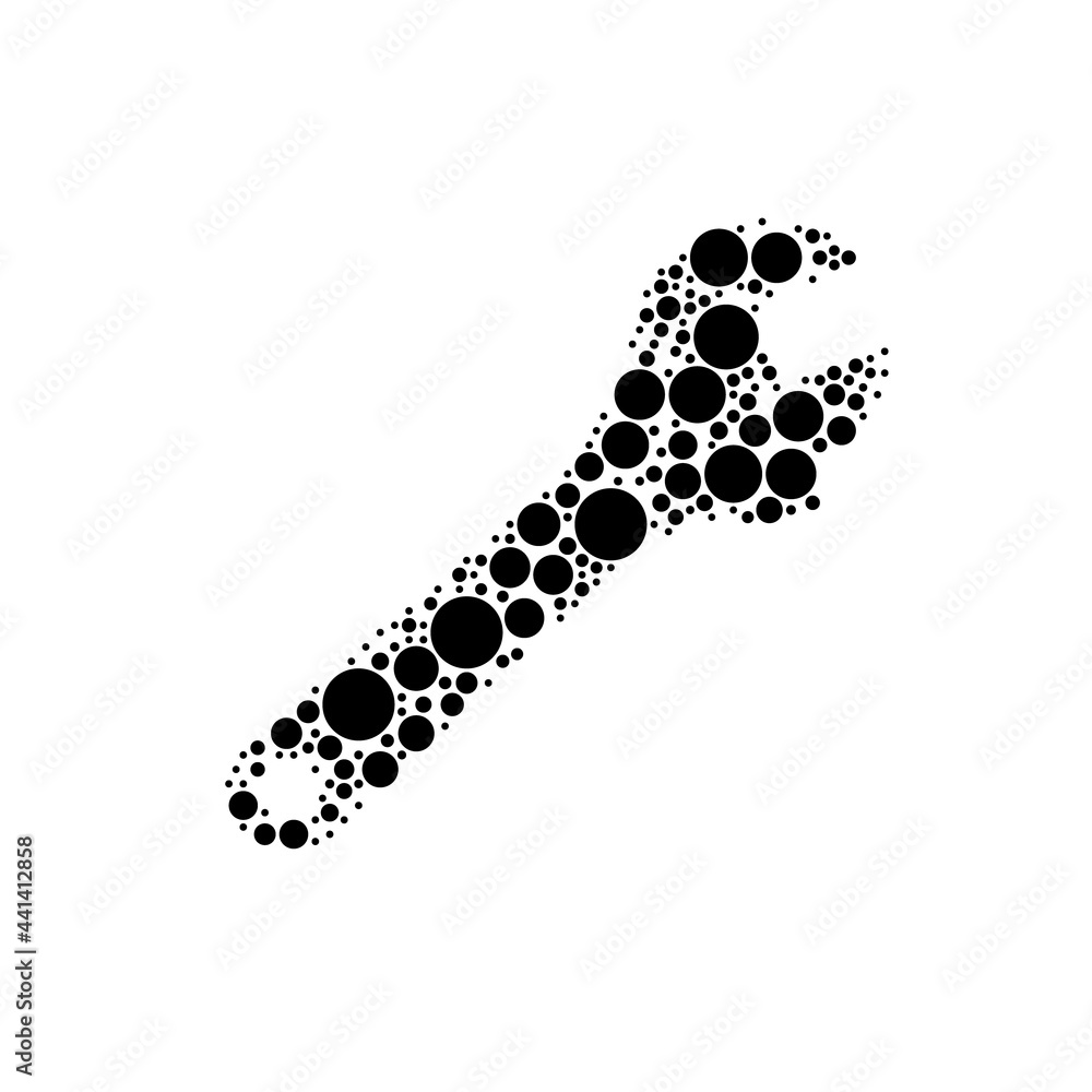 Poster a large adjustable wrench symbol in the center made in pointillism style. the center symbol is fille