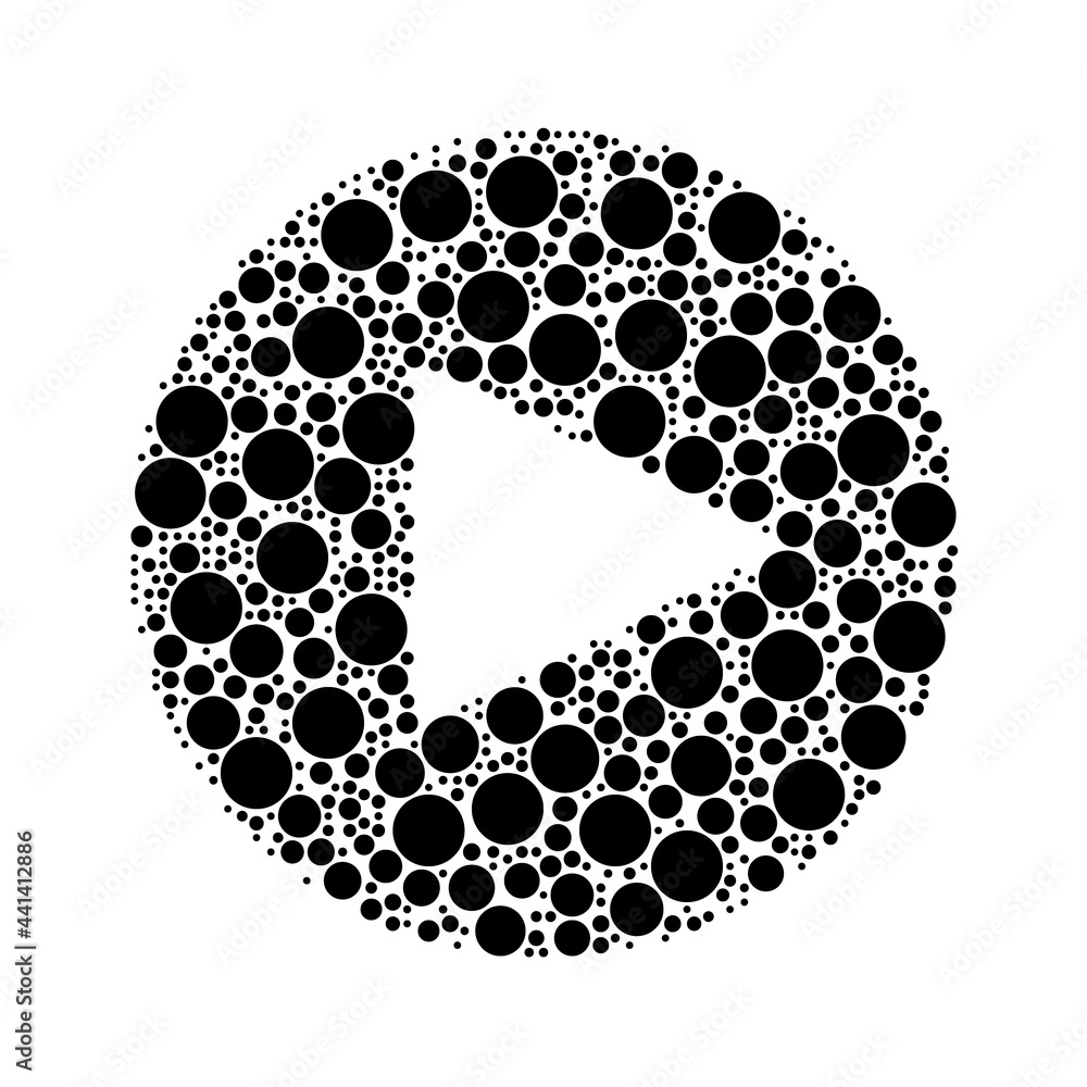 Poster a large play symbol in the center made in pointillism style. the center symbol is filled with black 