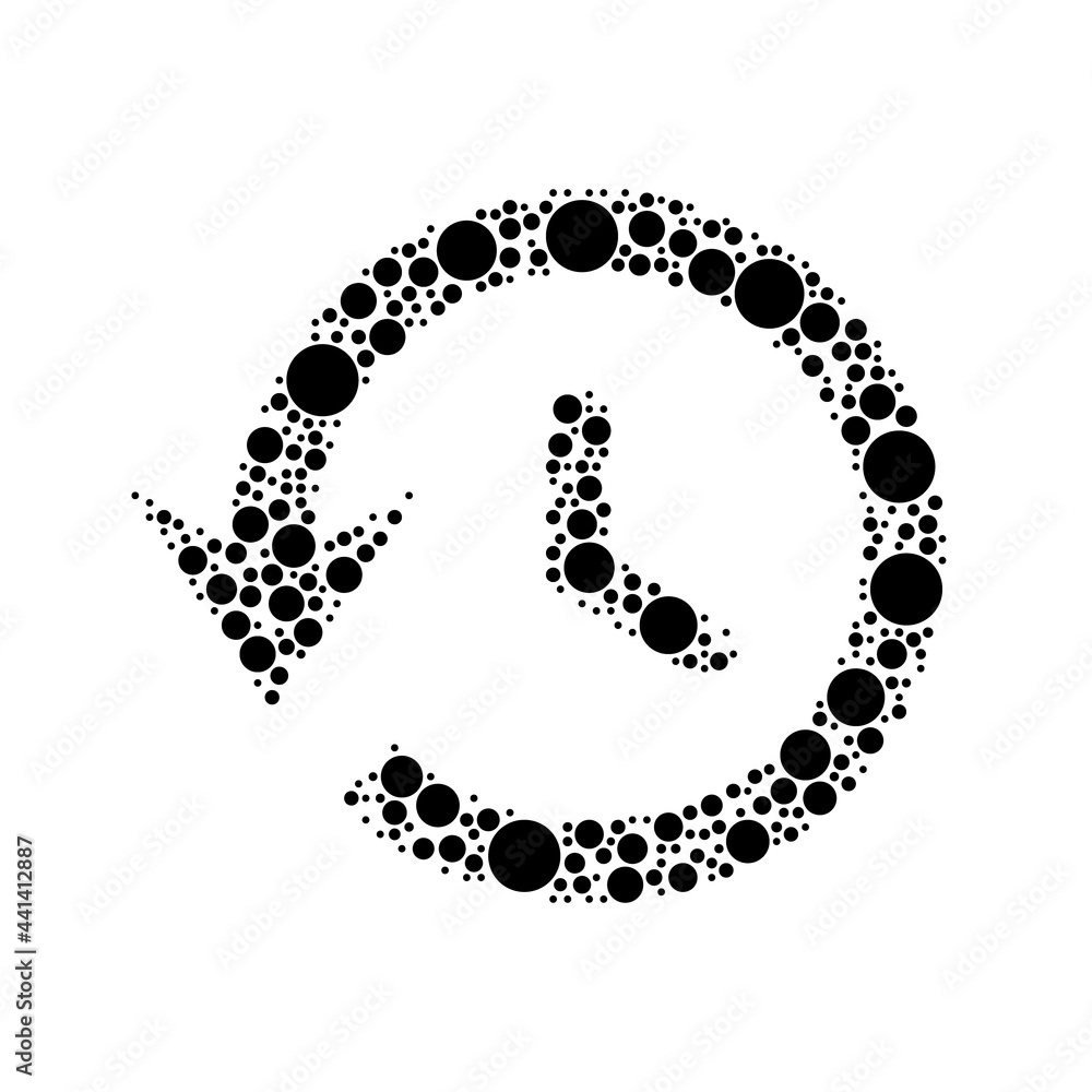 Poster A large time back symbol in the center made in pointillism style. The center symbol is filled with black circles of various sizes. Vector illustration on white background