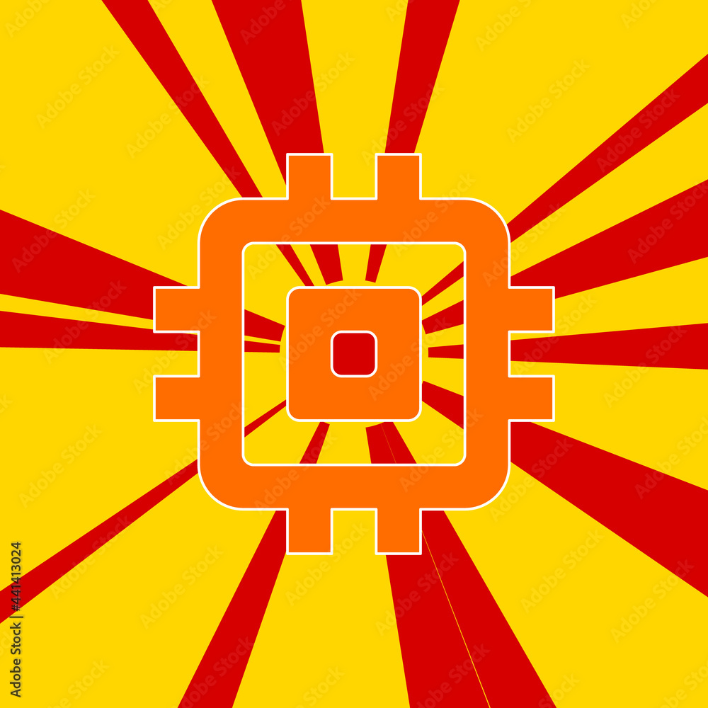 Poster chip symbol on a background of red flash explosion radial lines. the large orange symbol is located 