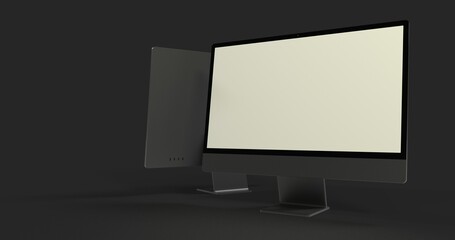 Computer display mock up with blank white screen. Stylish desktop computer mockup 3D