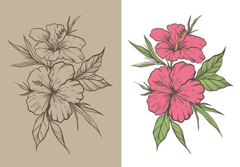 hibiscus flower rustic sketch - obrazy, fototapety, plakaty