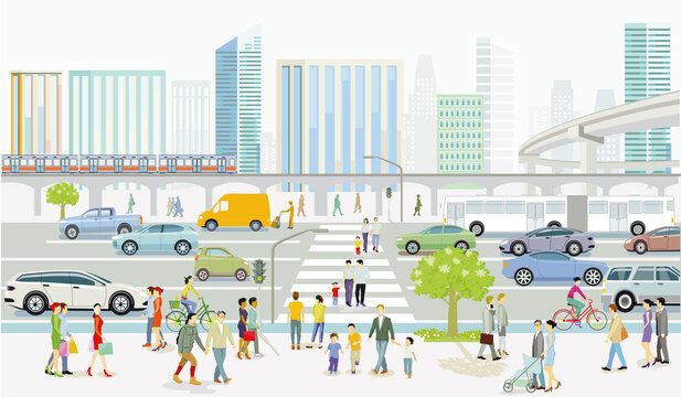 Moderne Stadtsilhouette mit Straßenverkehr und Fußgänger auf dem Zebrastreifen, Illustration