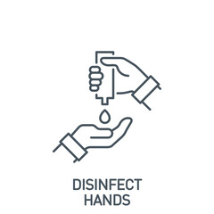 palm with hand sanitizer and drop of antiseptic gel single line icon isolated on white. outline icon symbol Coronavirus Covid 19 banner disinfect hands element with editable Stroke line thickness - obrazy, fototapety, plakaty