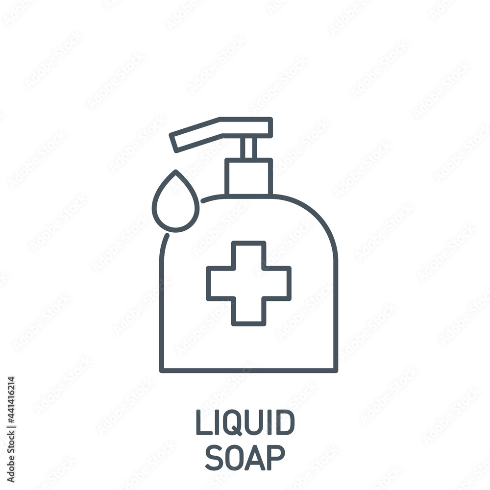 Wall mural hand sanitizer or liquid soap bottle with drop of antiseptic gel single line icon isolated on white. outline icon symbol Coronavirus Covid 19 banner wash element with editable Stroke line thickness