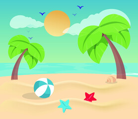 Fototapeta na wymiar Good sunny day. Beach landscape. Vector cartoon style background on the seashore