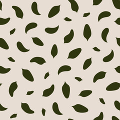 Seamless pattern with tea leaves in green on a white background. Design of surfaces, fabrics, paper, wallpaper. Vector illustration. 