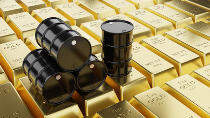 Black oil barrels on gold bullions background. 3d illustration.