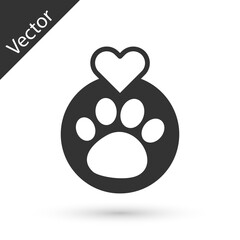 Grey Heart with animals footprint icon isolated on white background. Pet paw in heart. Love to the animals. Vector