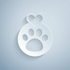 Paper cut Heart with animals footprint icon isolated on grey background. Pet paw in heart. Love to the animals. Paper art style. Vector