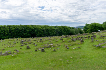 view of the grounds of the Lindholm Hills Viking burial site in northern Denmark