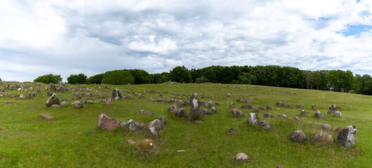 panorama view of the grounds of the Lindholm Hills Viking burial site in northern Denmark