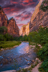 The beautiful views of the Zion national park canyon in sunset. United States