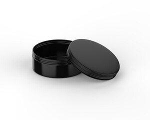 Black metallic cosmetic jar mock up, blank aluminium round tin box on isolated white background, 3d...