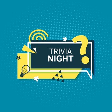 Trivia Night Show Label In Paper Cut Style. Layout Banner With White Frame And Yellow Question Mark. Flat Geometric Shapes Memphis Retro Style. Layered Papercut Sticker For Ad Flyer. Vector Card