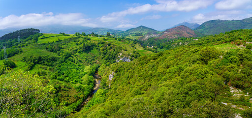 Obraz premium Aerial view of a lush valley of green vegetation and high mountains. Santander.