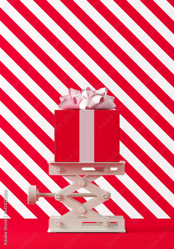 Poster minimal background for christmas, new year concept. white laboratory scissor jack and red gift box o