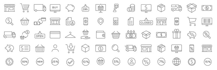 Shopping icon. E-commerce icons set. Online shopping. Shopping cart, surprise gift and Delivery symbols. Speech bubble, Discount tag coupon , Credit card. Online sale. Vector illustratin. - obrazy, fototapety, plakaty
