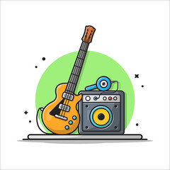 Guitar Electric with Sound Audio Speaker and Headphone Cartoon Vector Icon Illustration. Art Object Icon Concept Isolated Premium Vector. Flat Cartoon Style