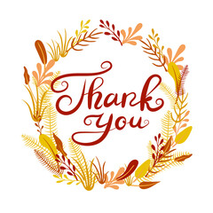 Vector Thank You lettering in floral circle, autumn leaves frame, decorative element isolated on white background.
