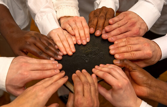 Hands of multiple nationalities, the Body of Christ, black and white group of Christians praying and holding the Bible, Holy Book symbol of the faith of Christianity. 