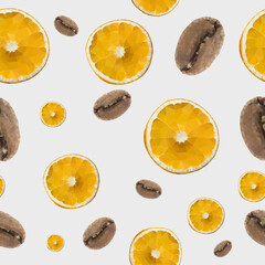 Pattern of orange slices and coffee beans. Seamless orange and coffee background.