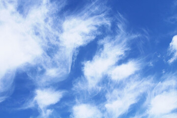 Beautiful blue sky and white cirrocumulus clouds. Close-up. Background. Texture. Scenery. - obrazy, fototapety, plakaty