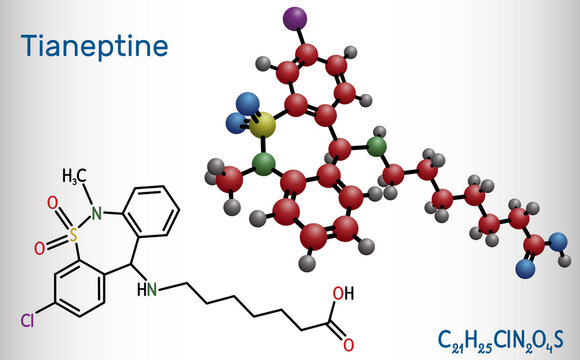 Tianeptine molecule. It is tricyclic antidepressant TCA. Structural chemical formula and molecule model