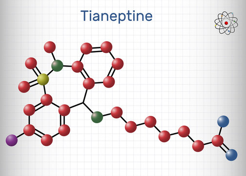 Tianeptine molecule. It is tricyclic antidepressant TCA. Structural chemical formula and molecule model. Sheet of paper in a cage
