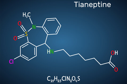 Tianeptine molecule. It is tricyclic antidepressant TCA. Structural chemical formula on the dark blue background