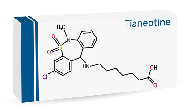 Tianeptine molecule. It is tricyclic antidepressant TCA. Skeletal chemical formula. Paper packaging for drugs