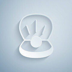 Paper cut Natural open shell with pearl icon isolated on grey background. Scallop sea shell. Seashell sign. Paper art style. Vector