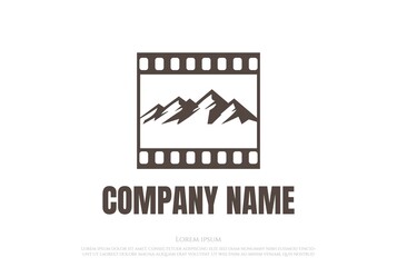 Mountain Cinema Film Stripes Reel Movie Production Logo Design Vector