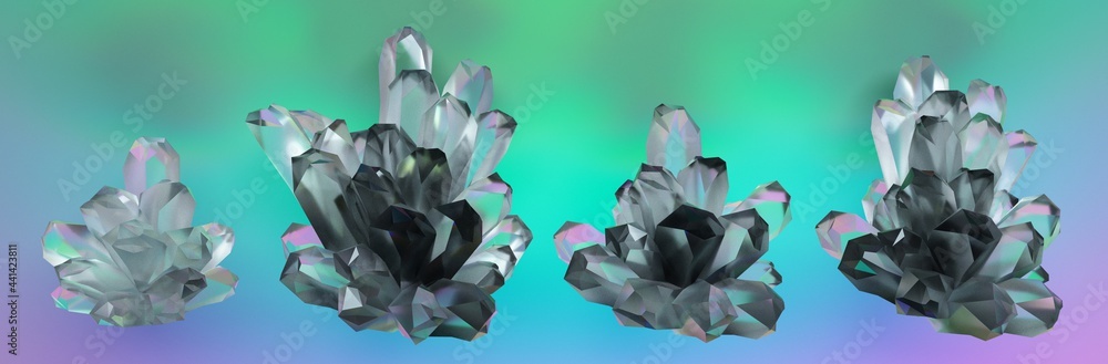 Poster a set of crystals demonstrating the effect of light scattering and dispersion. 3d illustration.