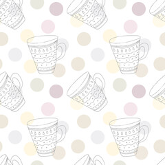 Hand drawn cup seamless pattern. Circles background and teacups vector pattern.