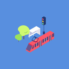 Isometric bus stop flat illustration. Tram station with trees and traffic light
