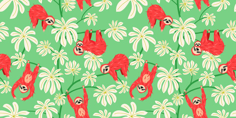 Cute sloth on floral tree pattern design. Seamless background funny lazy animal © LilaloveDesign