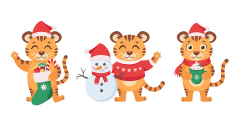 Set of cute tigers. Year of the Tiger. Tiger with snowman, sweets and coffee. Vector illustration 