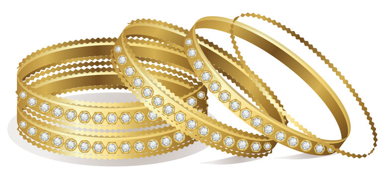 Indian bridal diamond cut gold Bracelet woman fashion gold bangle jewelry vector illustration