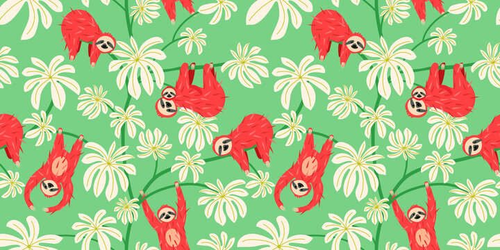Cute sloth on floral tree pattern design. Seamless background funny lazy animal
