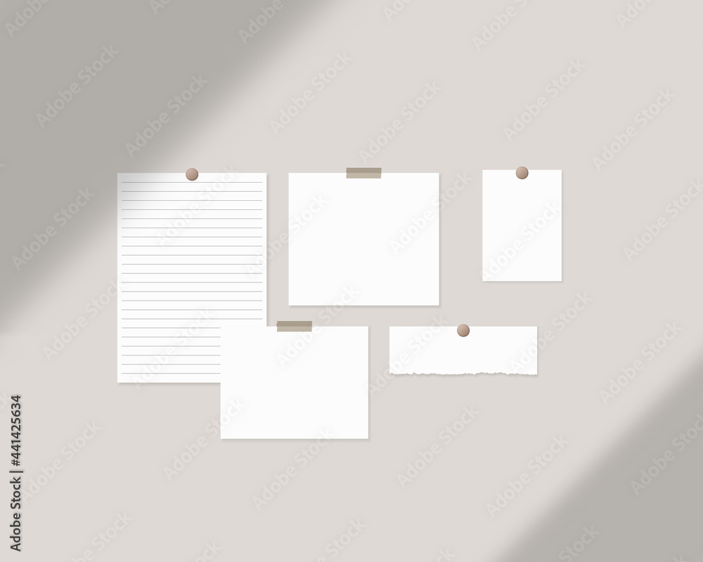 Poster mood board mockup template. empty sheets of white paper on the wall with shadow overlay. mockup vect
