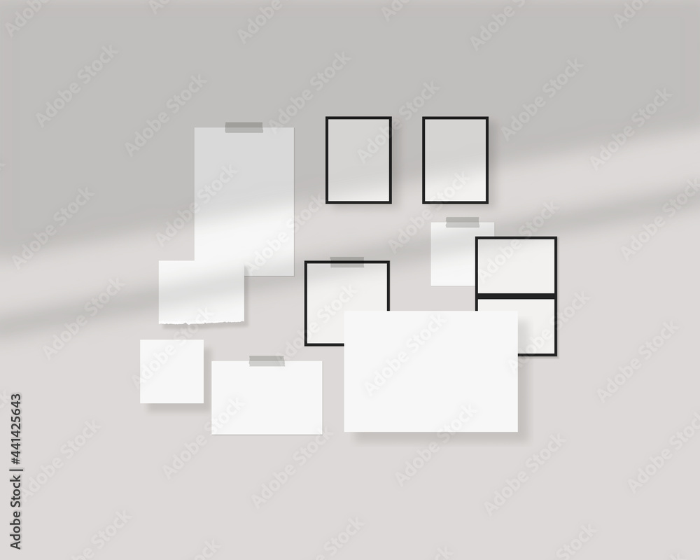 Poster mood board mockup template. empty sheets of white paper on the wall with shadow overlay. mockup vect