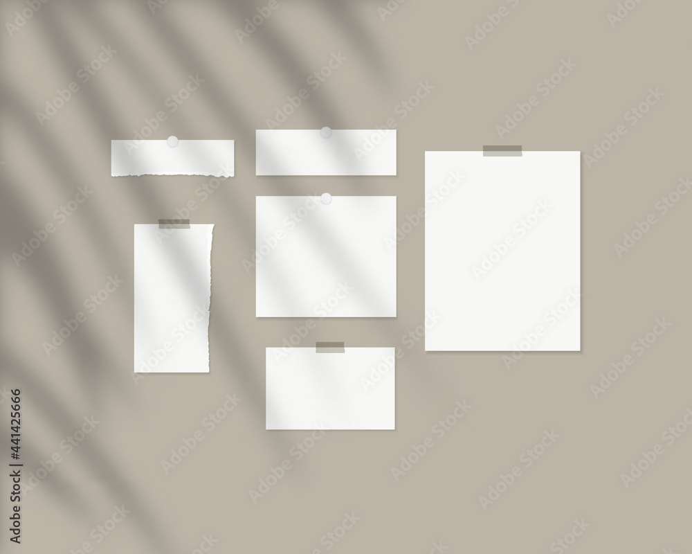 Poster mood board mockup template. empty sheets of white paper on the wall with shadow overlay. mockup vect