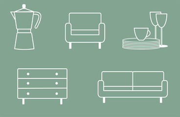 Set of furniture with a coffee maker, an armchair, a commode, a sofa, some plates, a cup and 2 glasses